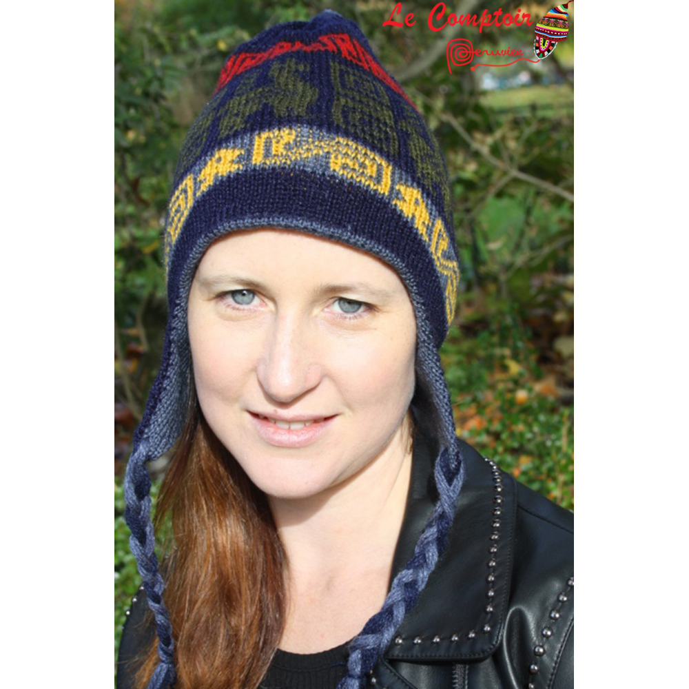 Bonnet En Laine Fait Main Népal - Taille Unique, Motif Géométrique Multicouleur