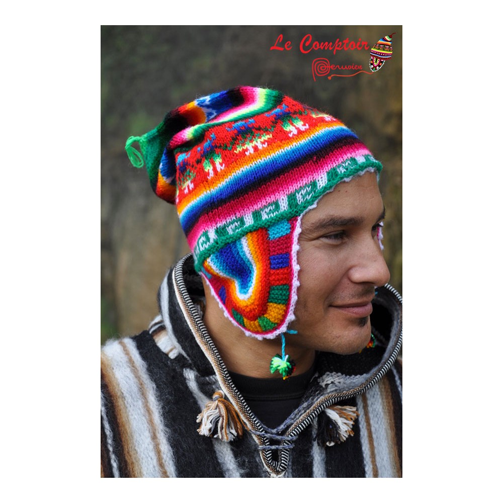 Authentique bonnet péruvien homme tricoté main
