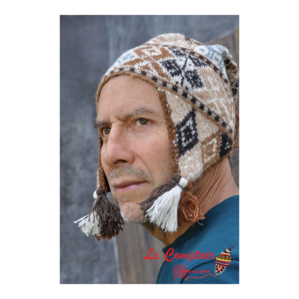 Bonnet péruvien homme marron et beige ave motif tricoté main - Un grand  marché